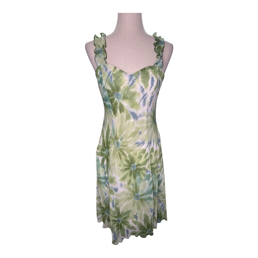 Y2k Midi Garden Party Dress Sz 10 Summer Green Blue Fairycore Coquette Romantic